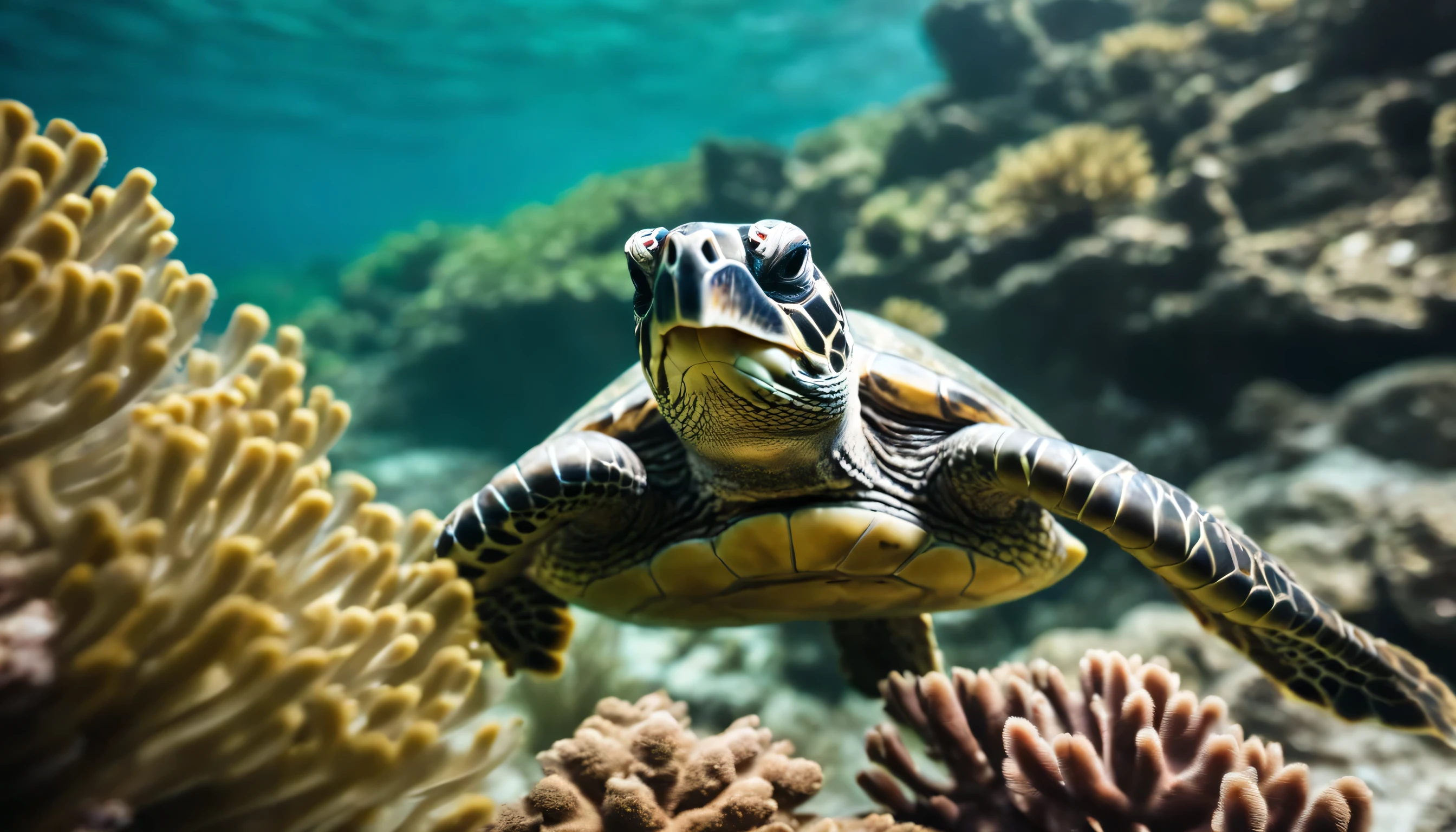 there is a turtle swimming in the water with many fish, sea turtles, tropical sea creatures, turtle, world-bearing turtle, sea creatures, turtles, beautiful nature, underwater world, detailed beautiful animals, coral reefs, tropical reef, great a'tuin, coral reef, amazing depth, vibrant vivid colors