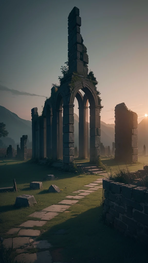 A wide shot of the village ruins under a twilight sky. Capture the eerie stillness and the haunting beauty of the landscape, with soft, diffused light creating a somber mood.