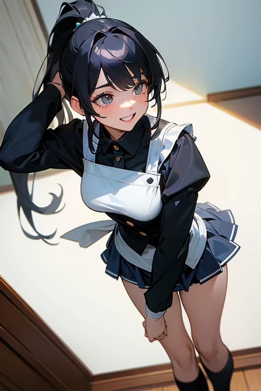 (Highest Resolution, clear_image) Highest quality, single, One Woman, alone, masterpiece, Very detailed, Semi-realistic, Black Hairのショートヘア, Black Hair, bangs, 18-year-old, mature, light blue uniform, uniform, Indoor Background, kind, Authoritative, Powerful, exquisite features, exquisite features、Eyelashes become longer、Showing teeth、smile😀、Maid clothes、ponytail、((mini skirt)).