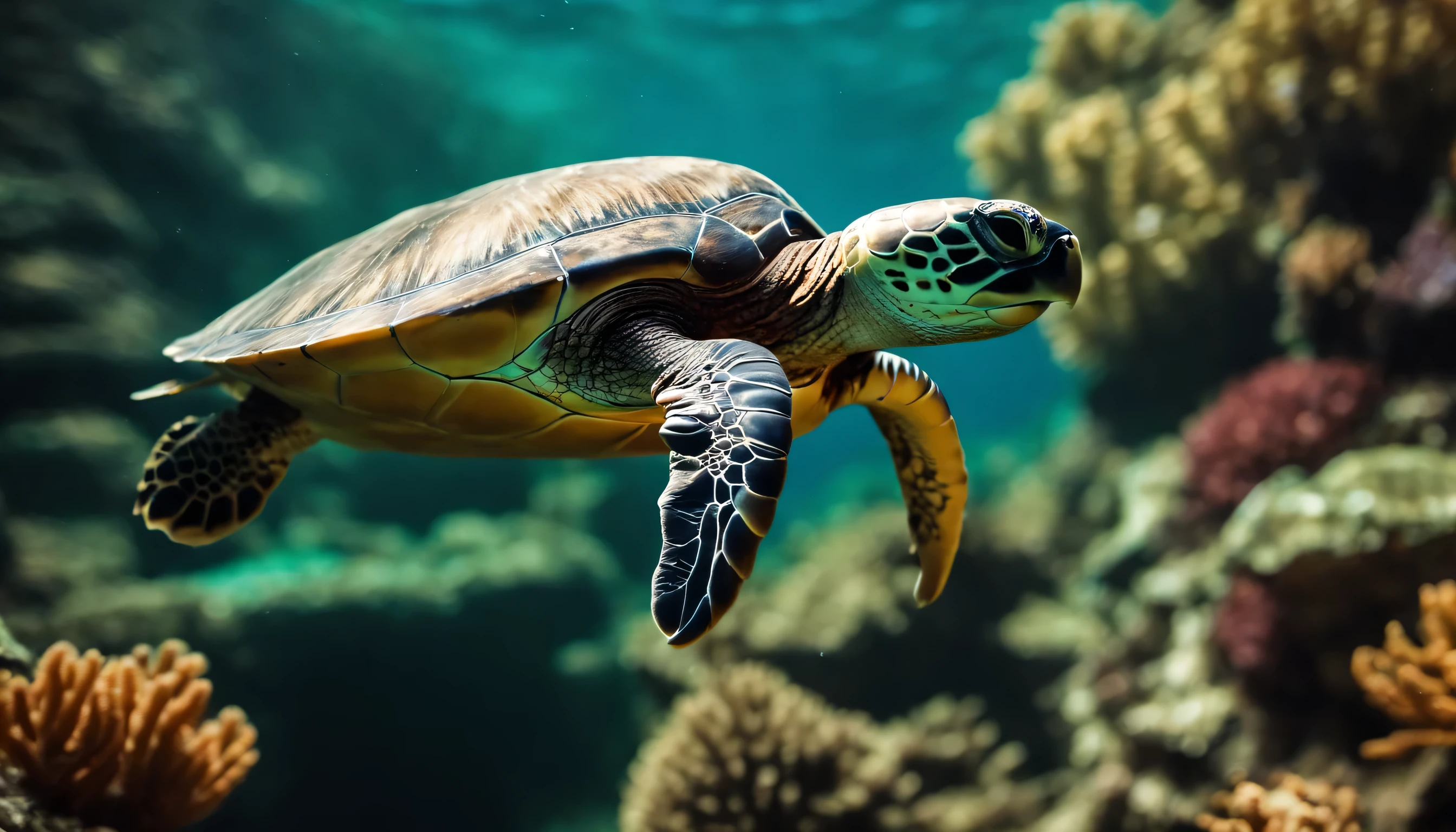 there is a turtle swimming in the water with many fish, sea turtles, tropical sea creatures, turtle, world-bearing turtle, sea creatures, turtles, beautiful nature, underwater world, detailed beautiful animals, coral reefs, tropical reef, great a'tuin, coral reef, amazing depth, vibrant vivid colors