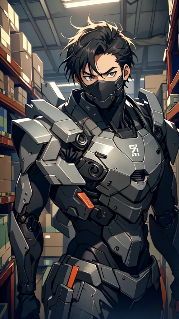 silence，Looking at the items in the warehouse，Warehouse full of supplies，It's dark all around，End of the World，an adult male，youth，Black short hair，look around，Wearing a sophisticated dark gray mecha armor suit，The armor suit has huge and thick limbs，Only the male youth’s hair and face are exposed，Upper body close-up