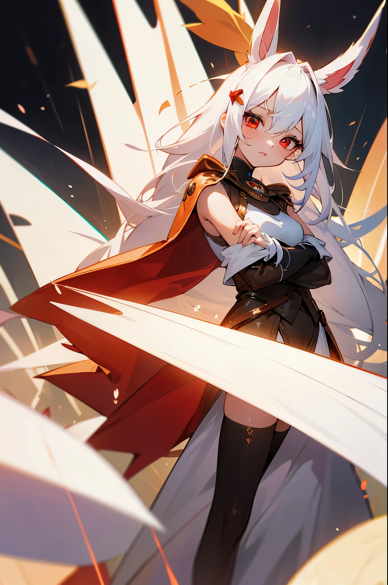 a rabbit girl walking in a dark cavern, (rabbit girl)(best quality,high resolution, masterpiece:1.2), female focus, (one girl:1.5), (free hands), beautiful eyes, (white hair:1), detailed eyes, (rabbit ears), (red eyes:1.2), white cloak, scared, fleshy lips, hair ornament, leather armor, Clothes made of tanned leather, detached sleeves, wrist guard, white thighhighs, shin guards, perfect quality, good quality, masterpiece, (arms crossed1.2), looking at the viewer, Prepare-se para mergulhar em um mundo onde a beleza e o artesanato se fundem perfeitamente, anatomically correct. ultra nitidez