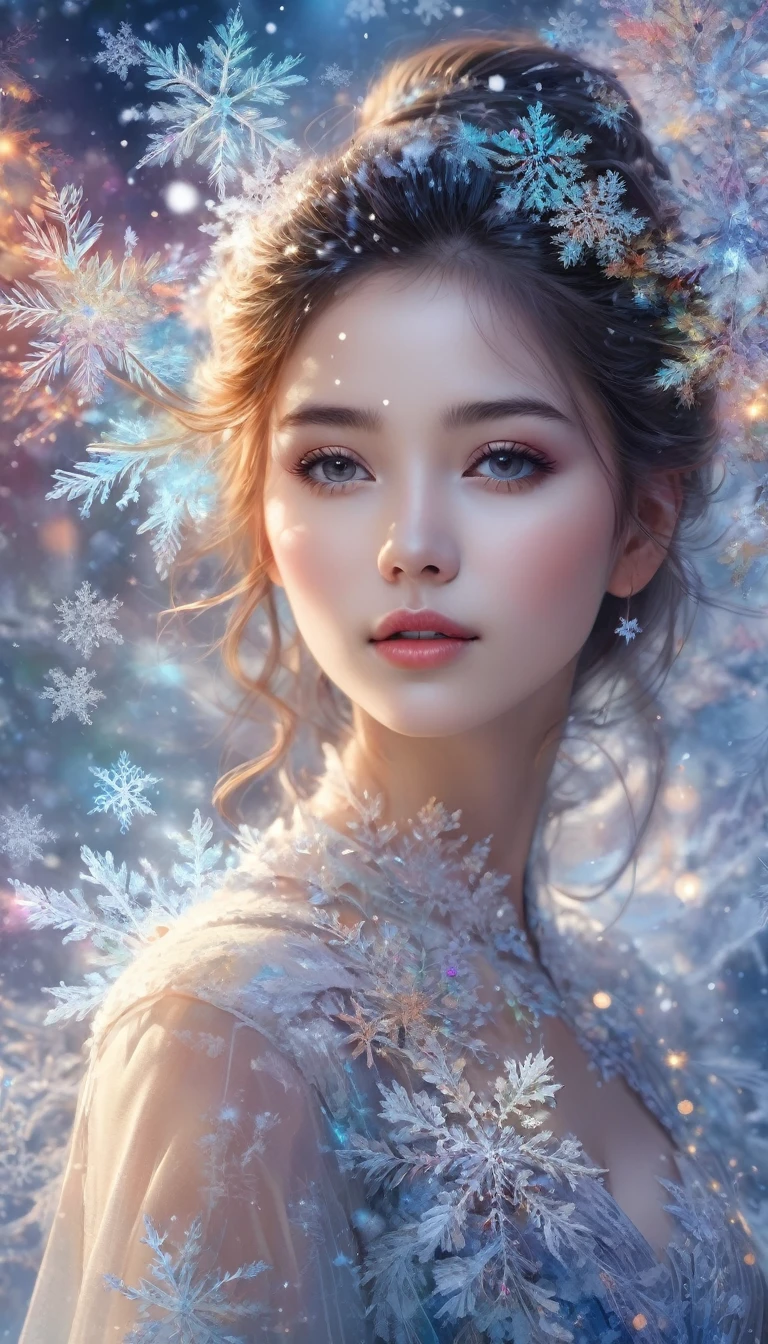(the masterpiece,top quality,Best quality,official art,Beauty and aesthetics:1.2),1 girl,Portrait with double exposure(Snowflakes are dancing in the air),extremely detailed,(fractal art:1.3),Extremely colorful,The most detailed