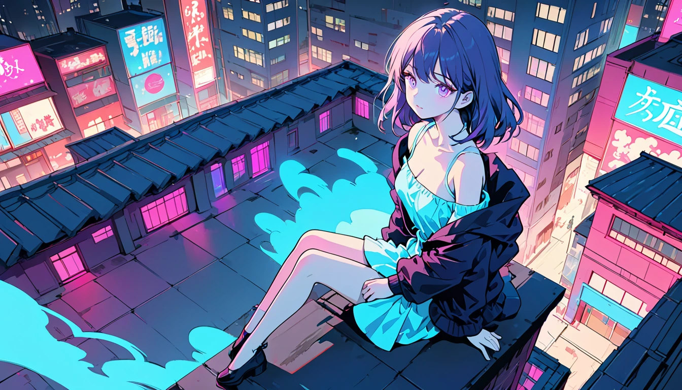 masterpiece,Highest quality,1 Synthwave style girl,Blue outline,Neon lit street,Blue fluorescent paint,alone,From above,Cowboy Shot,Sitting on the roof of a building,Highly detailed CG,Flat Color,Limited edition palette,No Line Art,silhouette,Partially colored,Alternative color,Dynamic Angle,Blue long top champagne,Deep purple shadow,Synthwave,chromatic aberration,(alone focus),Perfect Shadow,Wearing an off-the-shoulder floating jacket,Delicate face,Bare shoulders,Beautiful and delicate eyes,Delicate background,Blue Neon Light,