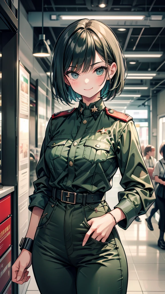 Adult women　short hair　expensive　Narrow eyes　smile　Glare　frivolous attitude　Dark green German military uniform　Pants that are too loose around the thighs　stand　battlefield