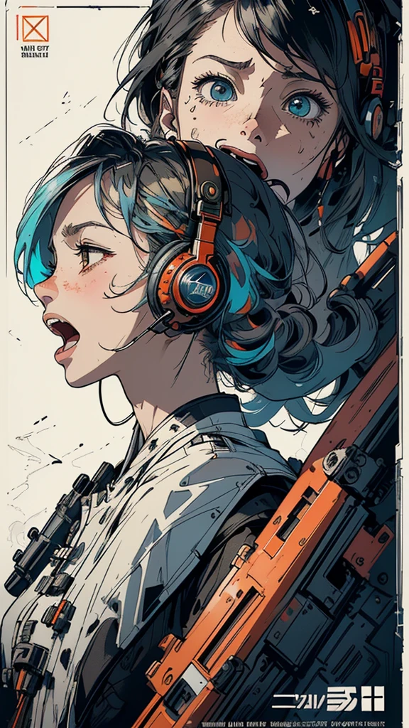 (((masterpiece, highest quality))),(((solo:1.2))),(((1girl:1.2))),32k wallpaper, very detailed, poster, vintage science fiction,(((((geometric cinematic movie poster))))), ((bauhaus)),(shape),(((abstract))),(mid century modern),(((((portfolio))))),(((((Close-up))))),(((((bust up))))),((((more various angle)))),((((highlight)))),((((heterochromia)))),(((complete. detailed face))),((((Extremely talented)))),(((((most complecated futristic machine))))),(Colorful color scheme),(((detailed unlimited complete equipment : headphone like a rail gun))),(((((Absolutely simple background))))),(((Texture for people : grunge))),(((((open mouth amazing wide))))),(((((SCREAM))))),(((((surprised expression)))))