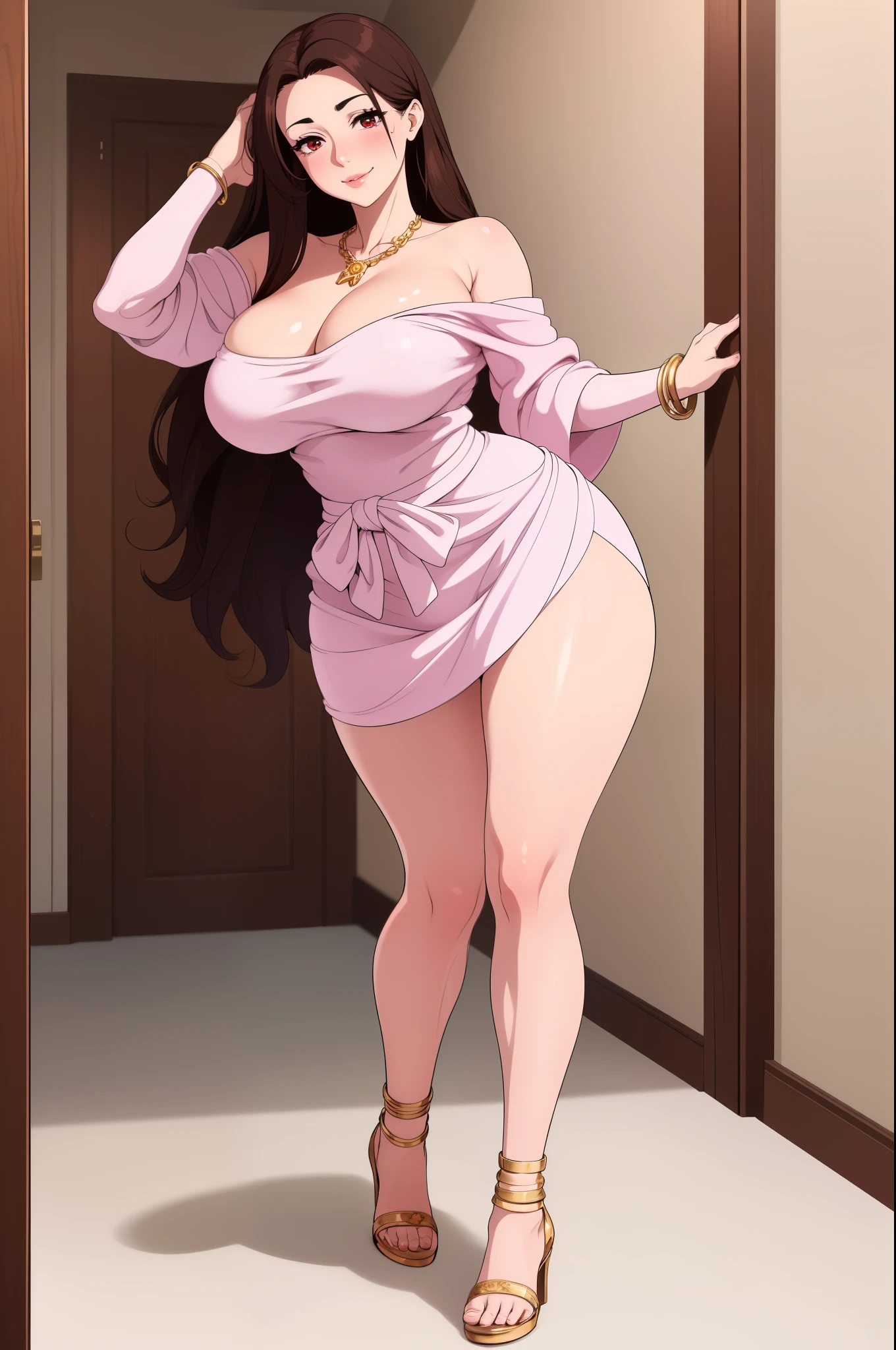 An extremely beautiful stunning woman with a busty body, honey-brown long silky hair, big pink eyes, extremely super bright snow white fair stunning flawless glowing lush shiny flawless white skin, a perfect tight hourglass figure, and a skinny waist, sexy thick smooth luscious legs and thighs, extremely cute smile on the face, bright pink blushes on cheeks, wearing a short revealing white floral dress along, a pink sash around the waist and a brown off-shoulder sweater, yellow heels, gold necklace on the neck, gold anklets on feet, gold chain on the waist, standing straight, holding a red roses bouquet, lavish golden hallway in the background, show full body from head to feet.
