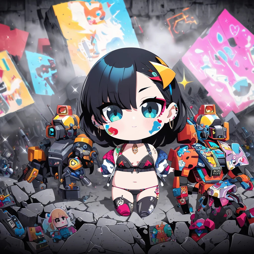 chibi, conceptual installation pop art, seamless image fusion, cute woman, amorous and lewd face, make-up, wearing cute fluffy battle suits, choker, covered in tattoos, great proportion, background stonepunk ruins, analyzers, labs, shading effects, gradation magic effects, foggy filter effects, glitter effects, 2.5D, delicate and dynamic, graphic CG digital art