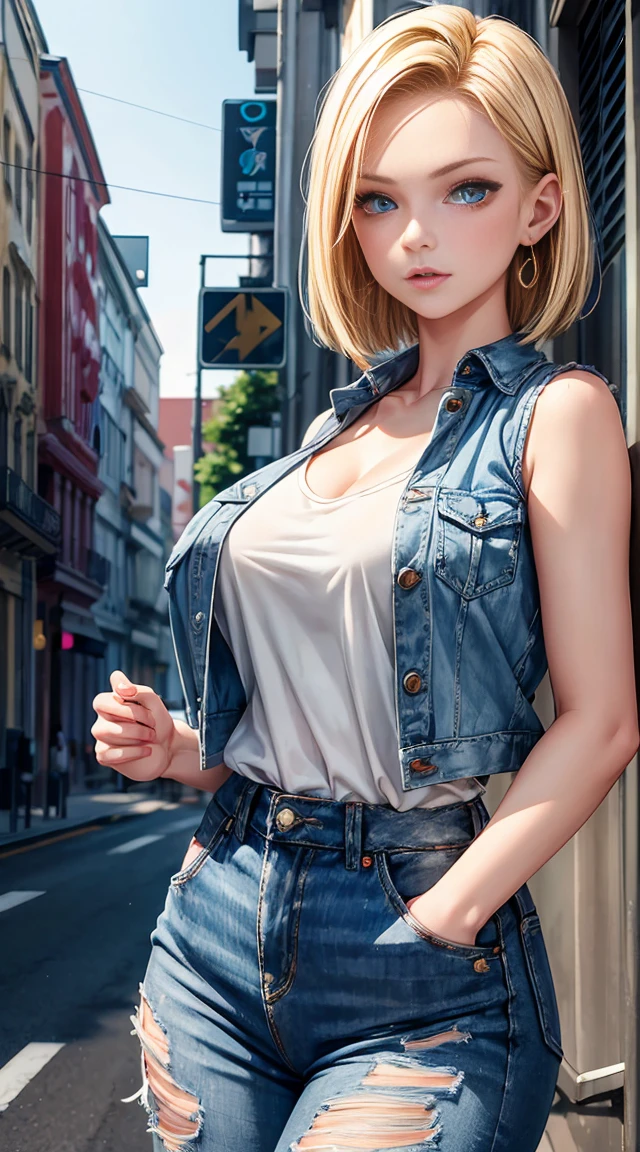 Highest quality, High resolution, Artificial Human WorldNo. 18, 1 girl, Android 18, alone, Blonde, blue eyes, Hairstyle is one length, Laughter,Earrings, jewelry, Denim dress, Open Vest, White T-shirt,Distressed jeans,Big Breasts, Sexy pose,street, (External expansion chest: 1.2),