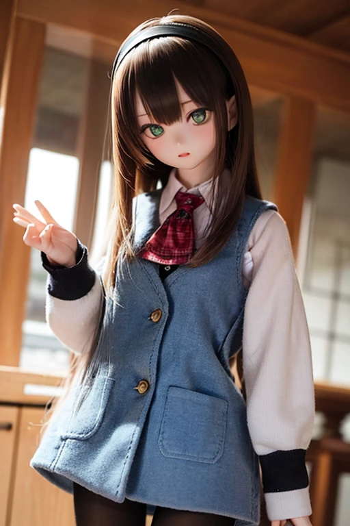 (SFW:2), photorealistic, realistic photo, 8k, ((highest quality)), ((masterpiece)), (extremely detailed), kukolnydom, doll, (mature woman, 21yo, 21 years old, solo:1.6), ((cowboy shot, standing, head tilt, waving, slim, slender, skinny, medium breasts, hairband, ascot, vest, blouse, long puff sleeves, pleated skirt, black pantyhose)), (green eyes, brown hair, long hair, plastic skin, looking at another, glass eyes, gradient eyes, shining eyes, detailed eyes:1.3)
