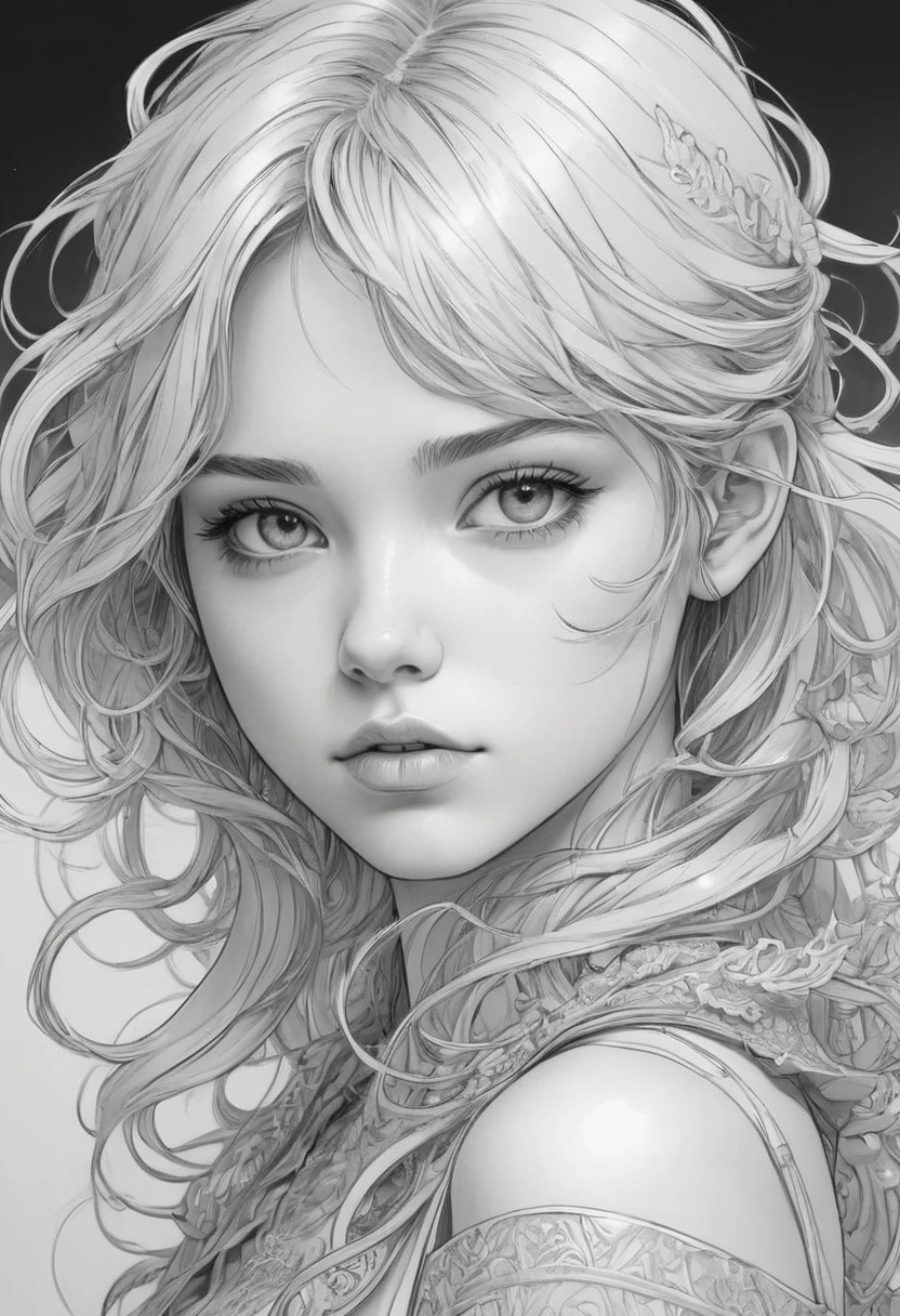 Anime Line Art, View from the front,By Lois Van Baarle, Highest quality, masterpiece, clear,Amazing,so beautiful, Beauty,Perfect composition, Intricate details, Very detailed