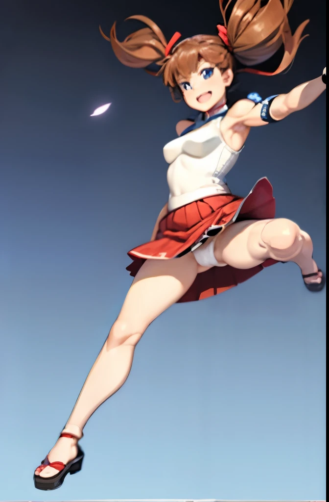 android, beautiful robot, short pigtails, brown hair, Hair tie with two big red clothespins, big smile, brown hair, middle age, joint seam, blue eyes, full body figure, Height: 160cm, Light beige micro mini dress, fluttering skirt, skirt folds, white retro swimwear, Uplifting, 2020s anime style, 21thcentury japan animation, show White pantie