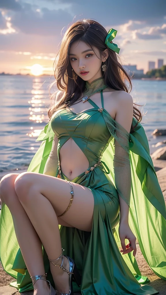 8K, ultra hd, masterpiece, hd colors, 1 girl, perfect face, very long curly hair, detailed eyes, detailed dress, ((green dress)), stocking, flower lace, ((mesh ribbon)), sardine, straps, net clothing, loops, ((flowing cape)), bare navel, jwellery, waterside, Realistic scenery, epic scenery, sun rising, night, clouds, Butterfly, blossom, blowing wind, perfect pose, ray tracing, bloom, upper body, sitting,
