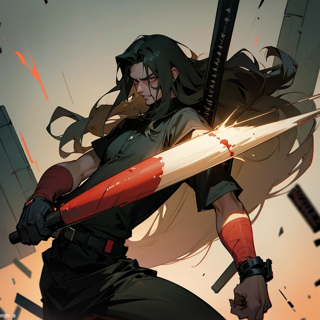 Long-haired man with a baseball bat protecting his dog from zombie attacks in a post-apocalyptic scenario