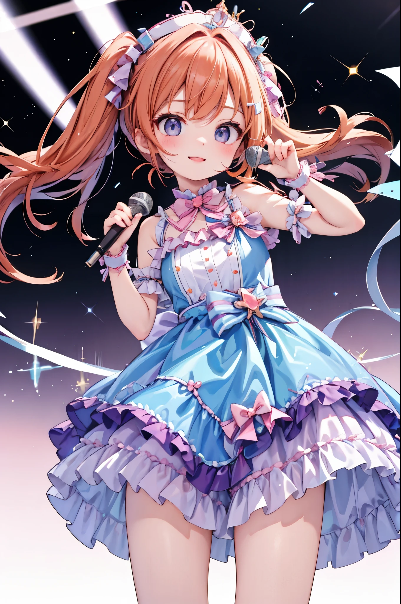 high resolution,smile,woman,woman1人,adult,cute,Have one microphone, Orange Hair,BREAK, Light blue eyes,BREAK,Idol Uniform,BREAK,Facing forward,BREAK,Pink background,