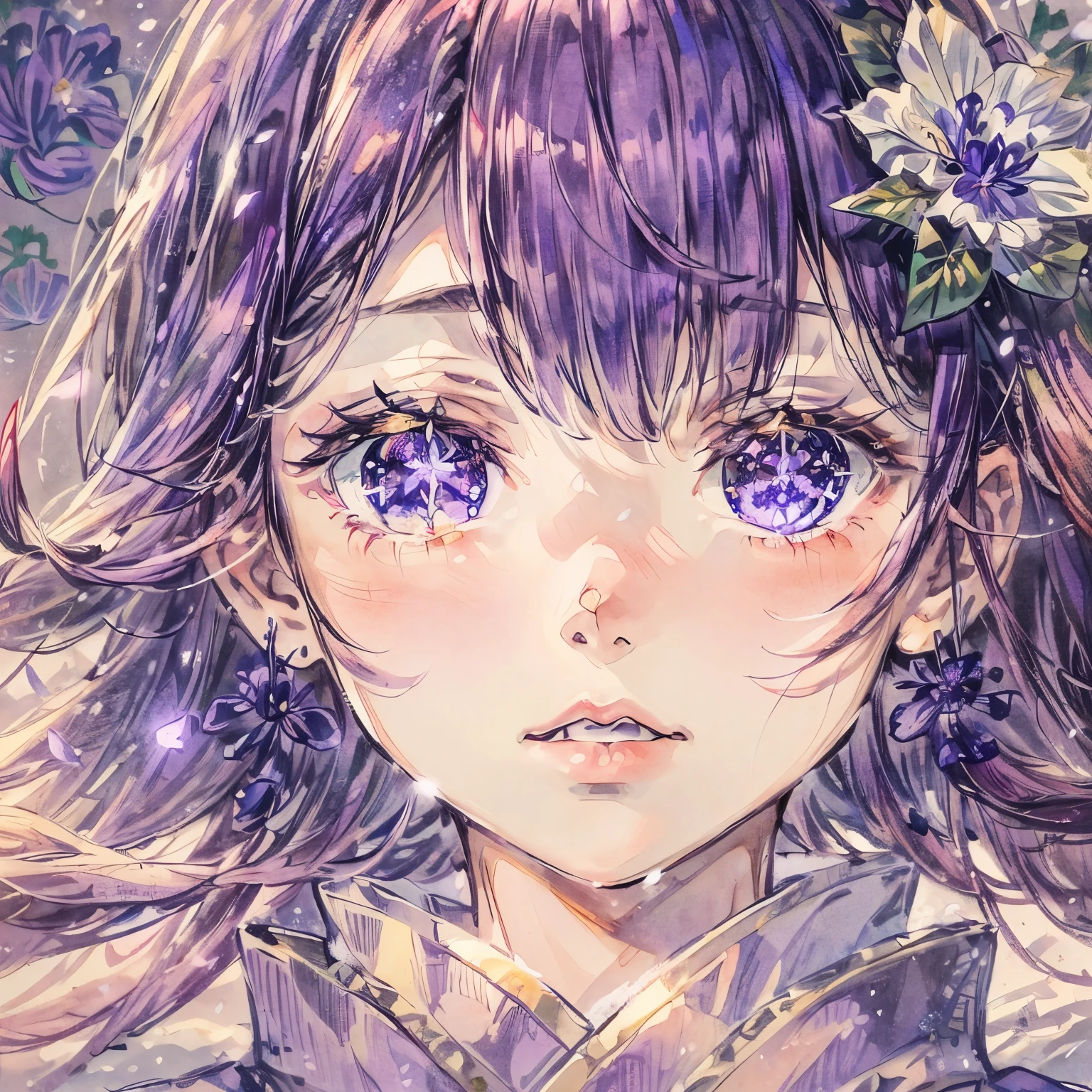 {Lowest Quality, Low Quality}, ((Girl)), Solo, (Close-up: 1.3), (Face Focus: 1.4), ((Half-up, Light purple Hair)), Clear Eyes and Plump Lips, Beautiful purple Eyes: 1.2), Speaking Heart, Praying Hands, (Perfect Hands: 1.3), (Traditional Japanese Costume: 1.2), (She is wearing a kimono with a Bellflower pattern, Delicate and Fine Embroidery: 1.3), Embarrassed, Standing Bow, Looking at the Viewer, Tilts Head, (Snowstorm, Scattered Petals: 1.5), (Light Particles, Light Sparkles: 1.4), Bellflower Effect, ((Bellflower Background)), High-Angle Shot, Must-Have, Best Quality, Super Detailed,