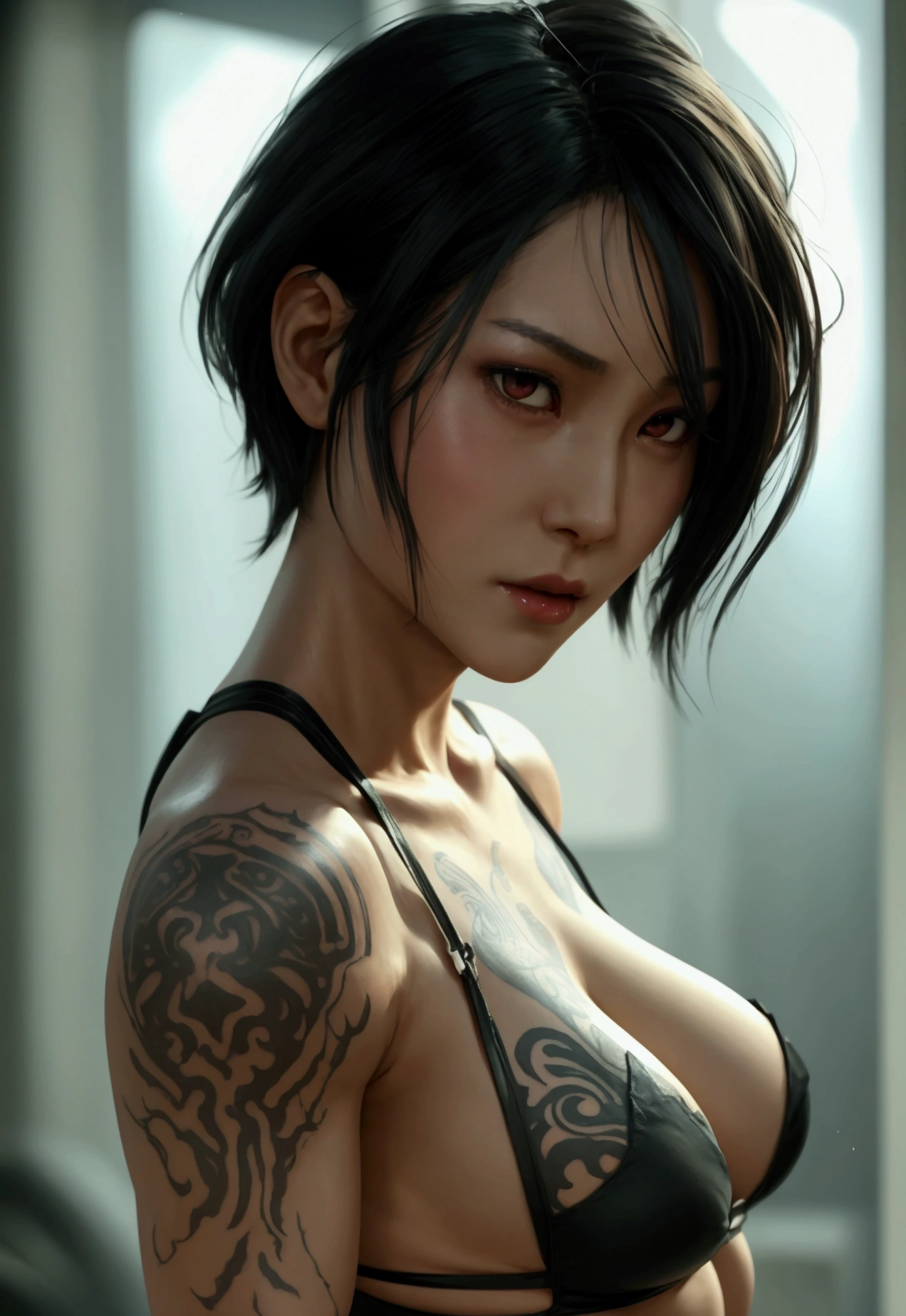 ADA WONG realistic,fullbody, short black hair, delicate and messy, the scene, delicate skin, detailed body, muscular,FLAT STOMACH, WIDE HIPS, MUSCULAR LEGS, thick thigh, wide hips, muscular arms, have many, long tribal tattoo of lines on the ass,bulging veins on the body, veins, muscular veins, abs, thighs thick, NUDE NAKED