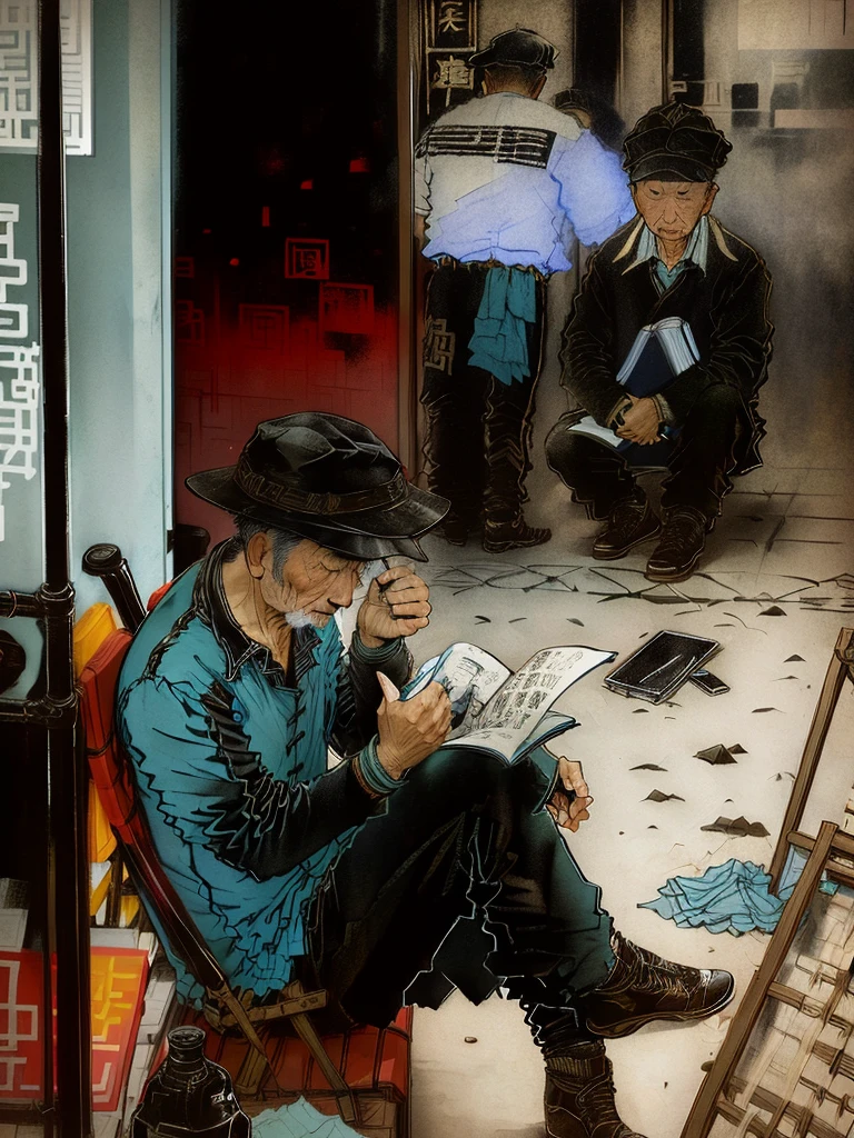 There is a man sitting on a bench reading a book, Chinese artist, sell his goods, The old man is working hard, candid street photosgraphy, , street life, Vendors, street photos, street photosgraph, looking at his phone, he is an artist, author: Ni Yuanlu, in urban environment, Crafts and souvenirs