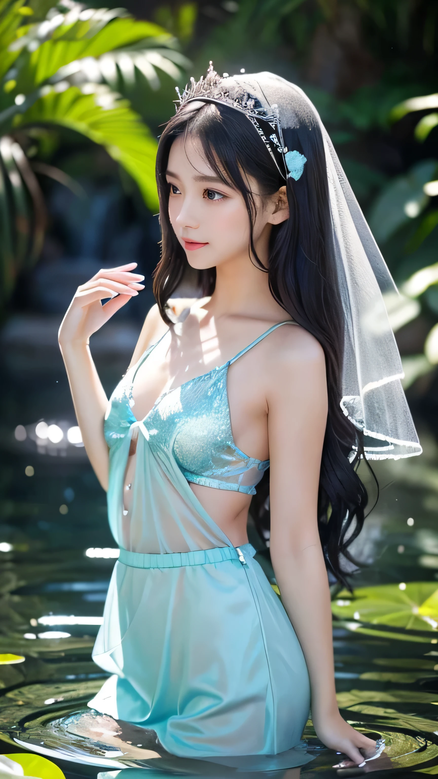 Create an ultra-cute and enchanting depiction of a Kelpie, a mythical water spirit, transformed into an irresistibly adorable moe character.
Overall Appearance:
Hair: Long, flowing black hair with a soft, wavy texture that looks perpetually wet and shiny. It cascades down her back, adorned with tiny, bioluminescent fish and delicate water lilies that emit a soft glow.
Skin: Her skin is a translucent blue, giving her an ethereal glow. It appears smooth and slightly glistening, reflecting light like water. Her skin also has faint, intricate patterns that resemble water ripples, adding to her mystical allure.
Eyes: Large, round eyes with a bright, sparkling blue hue. They have a gentle, inviting expression and are framed by long, fluttery lashes. Her eyes sometimes emit a faint, otherworldly light, enhancing her mysterious presence.
Face: Her facial features are delicate and soft, with a small, cute nose and rosy cheeks. Her lips are a light pink, curved into a constant sweet smile. Her face often has a dreamy, faraway look, as if she is gazing into another world.
Body: Slender and , her body is perfectly proportioned, exuding an innocent and charming aura. Her limbs are gracefully shaped, and her movements are fluid and elegant. Her body has a slight, almost imperceptible shimmer, like sunlight dancing on water.
Dress: A modern, stylish outfit with a touch of magic. She wears a fitted, pastel-colored top with water-themed patterns and a shimmering, knee-length skirt made of light, flowing material that resembles water. The top has delicate, shell-like buttons, and the skirt sways with her movements, creating the illusion of flowing water. She accessorizes with a light, transparent shawl that glistens like a veil of mist around her shoulders.The Kelpie is partially merged with a serene, mystical lake. Her lower body transitions into the water seamlessly, appearing as if she is an integral part of the lake itself. The lake is surrounded by lush, enchanted forest