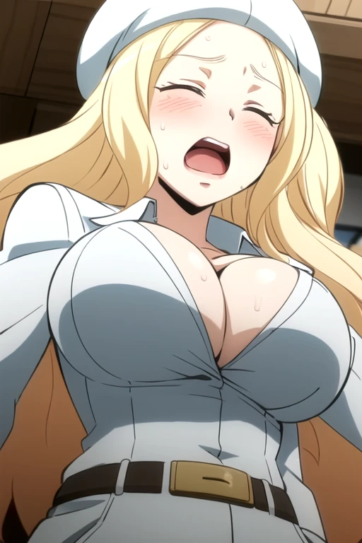 best quality, ultra high res, 1girl, Irina Jelavic, long hair, blonde hair, closed eyes, facing the vkewer, looking at the viewer, big breasts, cleavage, (simple background), white suit, belt, white beret, (aroused facial expression), open mouth, scream, blush, sweat, (view from below)