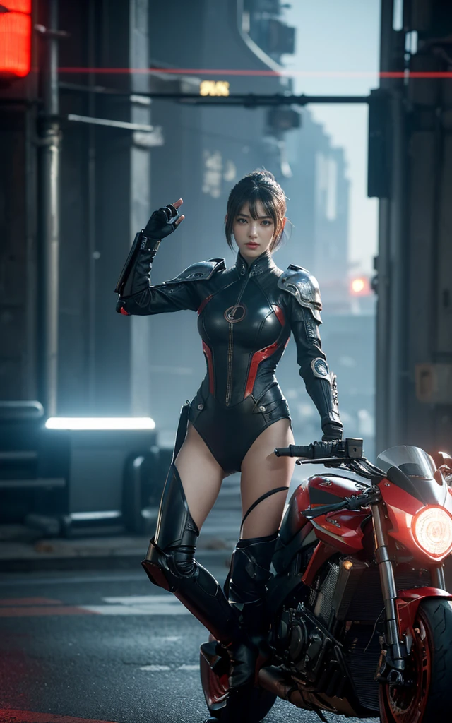 Alien technology fashion , fashion photography , Inspired by Cyberpunk。(best quality,4K,8K,high resolution,masterpiece:1.2), (Practical,Reality,Photo-real:1.37).masterpiece,Game Art,Best picture quality,最high resolution,8K,,Unreal Engine 5 rendering works,(Digital Photography), 20 year old girl,Short hair details,Long bangs,(The red eye makeup is carefully applied),(Large target, Full breasts),Elegance and nobility,Brave and charming,（Riding a big sci-fi cool motorcycle)（Exaggerated sci-fi avant-garde motorcycle） (The future armor combines the characteristics of Chinese armor,hollow-carved design,Power Armor,Mysterious oriental runes,Exquisite clothing patterns,Magic Flash),Future Warrior,Cyberpunk Characters,War Background, light，Ray Tracing，Game CG，((3D Unreal Engine))，OC rendering reflection mode，blur background