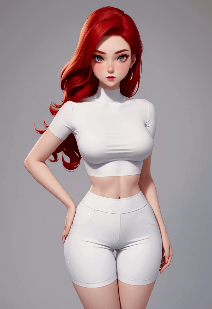 hourglass body, redhead, white, tight shorts, casual top, blushing, medium , perfect hips, 20 years old, full body, pretty face