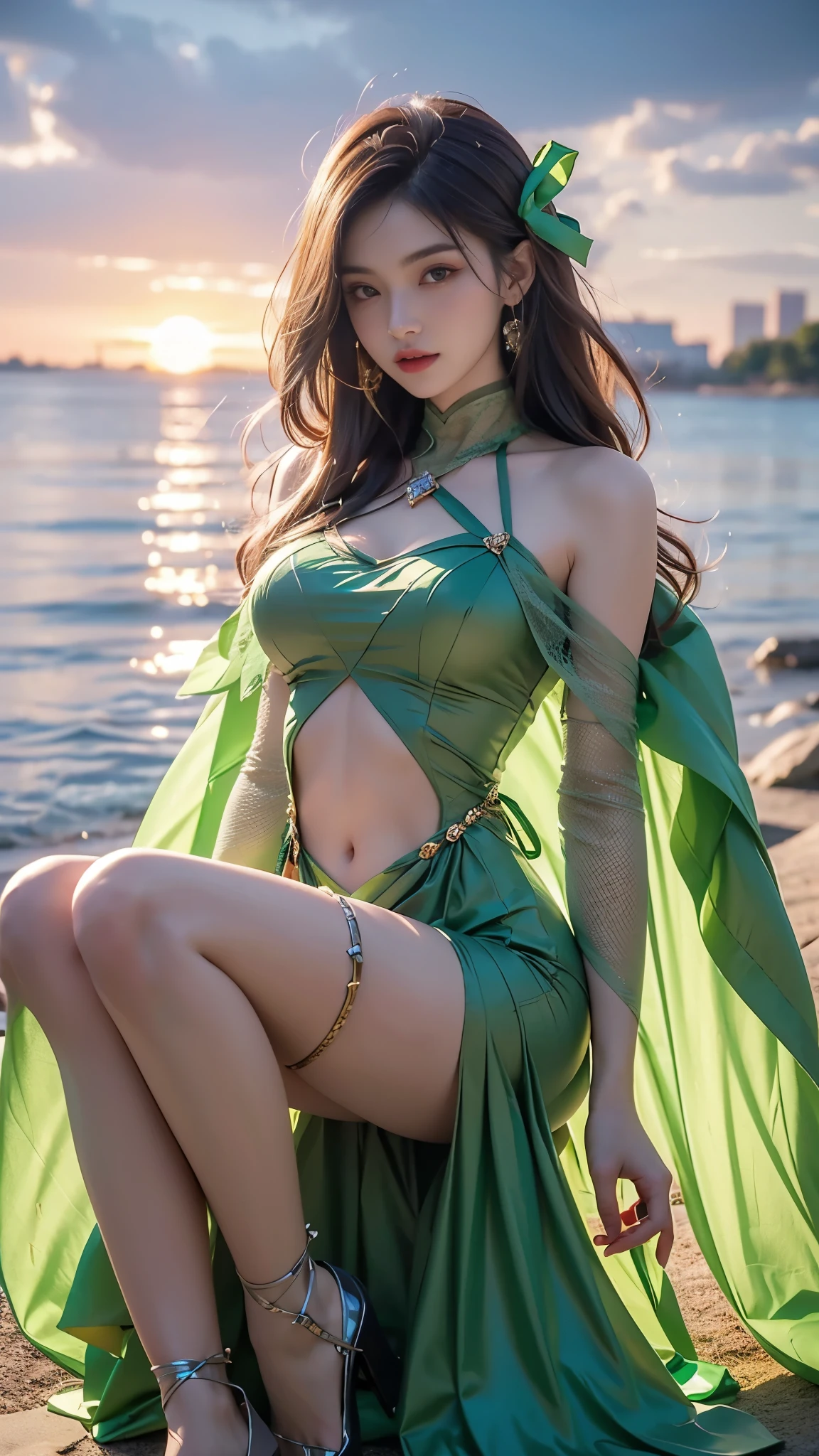 8K, ultra hd, masterpiece, hd colors, 1 girl, perfect face, very long curly hair, detailed eyes, detailed dress, ((green dress)), stocking, flower lace, ((mesh ribbon)), sardine, straps, net clothing, loops, ((flowing cape)), bare navel, jwellery, waterside, Realistic scenery, epic scenery, sun rising, night, clouds, Butterfly, blossom, blowing wind, perfect pose, ray tracing, bloom, upper body,