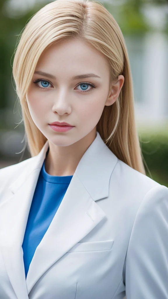 European girl portrait,alone,20-year-old,Beautiful Face,Upper Body,Hair on one eye,Medium Sidecut, Blonde, Sharp focus,White business suit、Blue Eyes