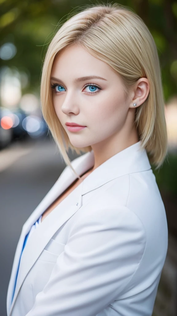 European girl portrait,alone,20-year-old,Beautiful Face,Upper Body,Hair on one eye,Medium Sidecut, Blonde, Sharp focus,White business suit、Blue Eyes