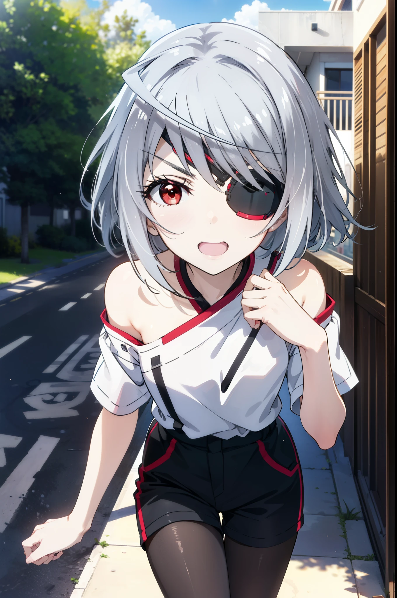 Laurabodewig, Laura Bodewig, Long Hair, (Red eyes:1.3), Grey Hair, Eye patch,smile,tooth,Open your mouth,Oversized one-shoulder shirt,Short sleeve,Shorts,Black pantyhose short boots,Walking,Daytime,Clear skies,whole bodyがイラストに入るように,
break outdoors, Building district,
break looking at viewer, whole body, (Cowboy Shot:1. 5)
break (masterpiece:1.2), Highest quality, High resolution, unity 8k wallpaper, (figure:0.8), (Beautiful attention to detail:1.6), Highly detailed face, Perfect lighting, Highly detailed CG, (Perfect hands, Perfect Anatomy),