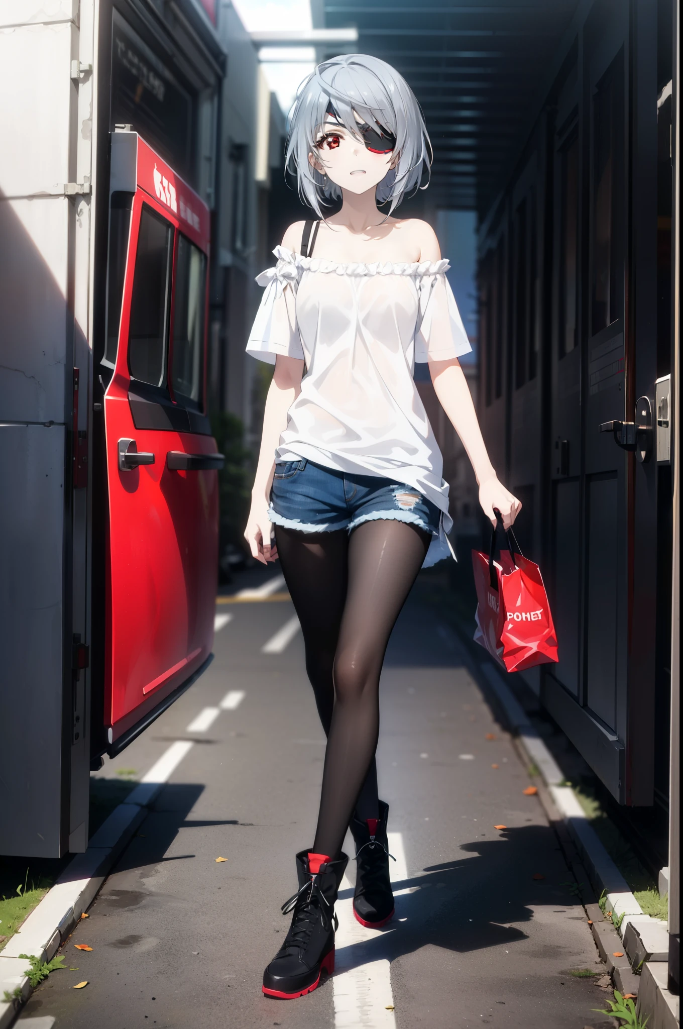 Laurabodewig, Laura Bodewig, Long Hair, (Red eyes:1.3), Grey Hair, Eye patch,smile,tooth,Open your mouth,Oversized one-shoulder shirt,Short sleeve,Shorts,Black pantyhose short boots,Walking,Daytime,Clear skies,whole bodyがイラストに入るように,
break outdoors, Building district,
break looking at viewer, whole body,
break (masterpiece:1.2), Highest quality, High resolution, unity 8k wallpaper, (figure:0.8), (Beautiful attention to detail:1.6), Highly detailed face, Perfect lighting, Highly detailed CG, (Perfect hands, Perfect Anatomy),