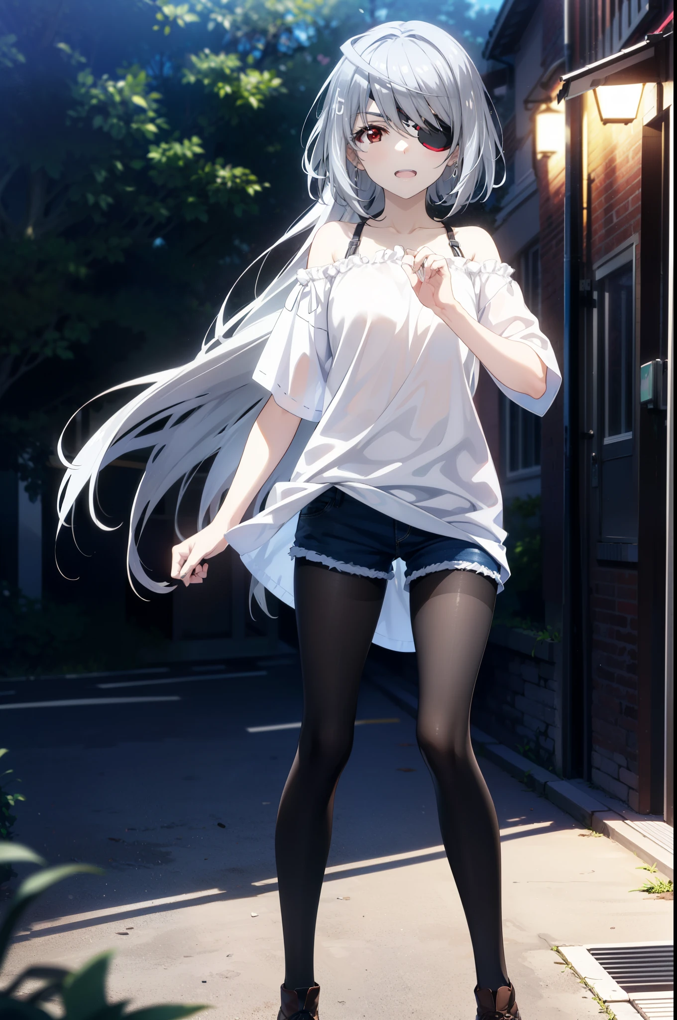 Laurabodewig, Laura Bodewig, Long Hair, (Red eyes:1.3), Grey Hair, Eye patch,smile,tooth,Open your mouth,Oversized one-shoulder shirt,Short sleeve,Shorts,Black pantyhose short boots,Walking,Daytime,Clear skies,whole bodyがイラストに入るように,
break outdoors, Building district,
break looking at viewer, whole body,
break (masterpiece:1.2), Highest quality, High resolution, unity 8k wallpaper, (figure:0.8), (Beautiful attention to detail:1.6), Highly detailed face, Perfect lighting, Highly detailed CG, (Perfect hands, Perfect Anatomy),