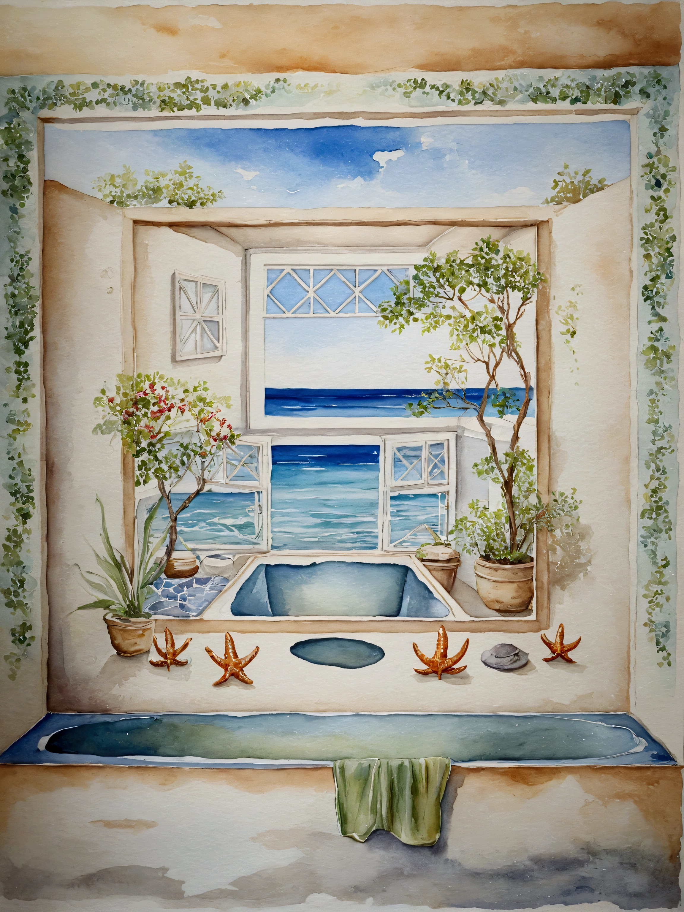 bathtub and chair painting in room with window, framed art, framed painting, beautiful artistic rendering, detailed matte painting, stunning framing, inside a frame on a tiled wall, watercolor detailed art, by senior artist, beautiful work of art, sea shore, completely framed, nacre painting, work of art, Extremely detailed oil painting, in one frame