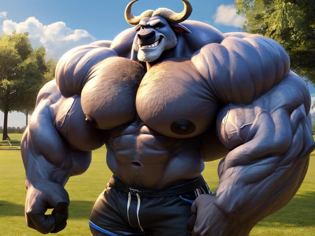 1boy, 1man, solo, (furry Chief bogo), Park, extremely huge muscular, massive muscular , (topless, shirtless, shorts), well-muscled old man. ((extremely muscle size, super thick arms, huge pec, hyper pec, bigger chest, extremely wide pectoral , huge arms)), wide smiling. Add textures and details to make the image more realistic, such as the appearance of the. Make sure the resulting image is high resolution, 8K quality