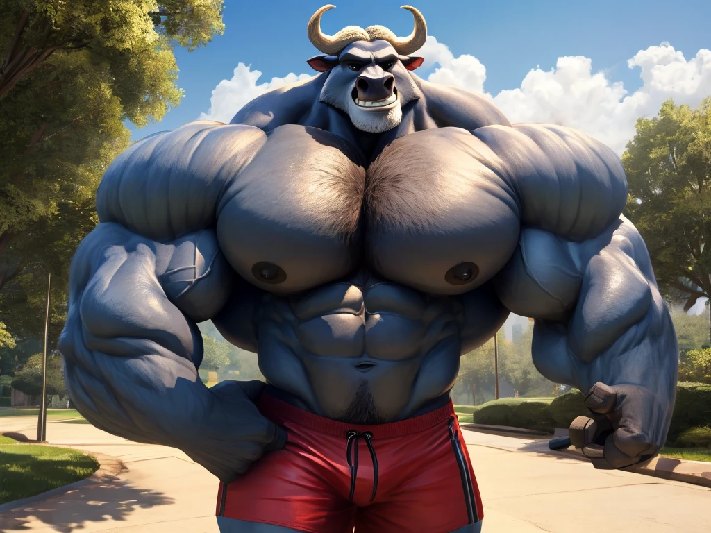 1boy, 1man, solo, (furry Chief bogo), Park, extremely huge muscular, massive muscular , (topless, shirtless, shorts), well-muscled old man. ((extremely muscle size, super thick arms, huge pec, hyper pec, bigger chest, extremely wide pectoral , huge arms)), wide smiling. Add textures and details to make the image more realistic, such as the appearance of the. Make sure the resulting image is high resolution, 8K quality