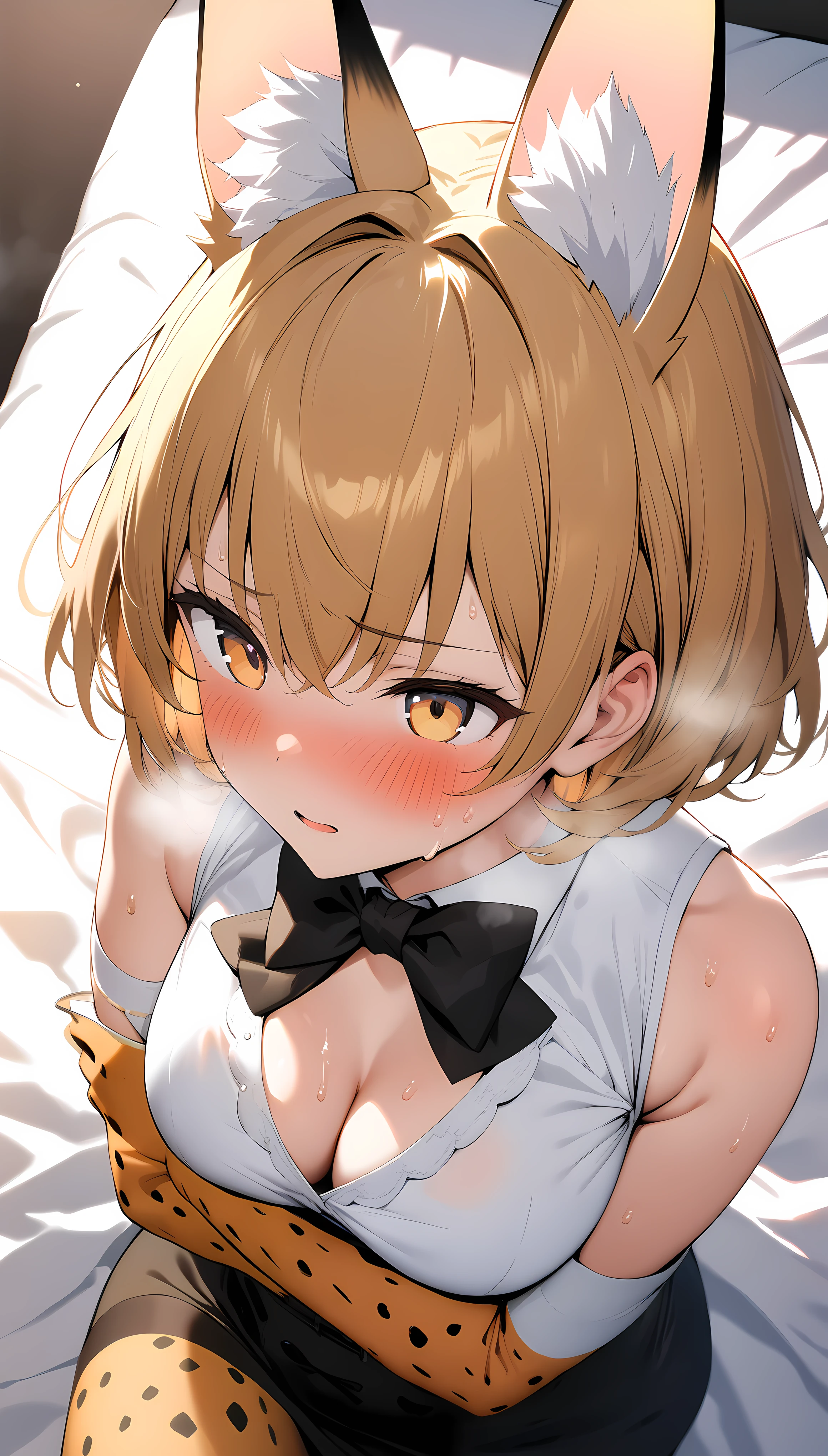 (masterpiece:1.2), hyper detail, best quality, (intricate_details:1.1), beautiful detailed, beautiful hair,short cut hair, solo, 1girl,Serval,(sweating:1.3),(steam),heavy breathing,steam,blush,from above,shoulder,cleavage,darkillumination,backlighting,medium breasts,pov,lying on bed,crossed arms,BREAK legwear, black bowtie,white sleeveless shirt, high-waist skirt,cum on body