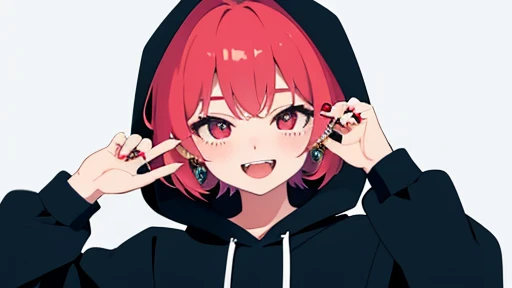 masterpiece、Highest quality、One girl、Upper Body、short hair、Hair with a single color、Vampire wind、Wicked Smile、blush、Open your mouth、Show your fangs、Stylish earrings、Ring Accessories、Wear a hoodie、Put on the hood、Put your hands on your face、I can't see my hands、Spider Pattern Background