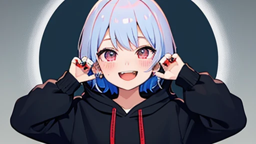 masterpiece、Highest quality、One girl、Upper Body、short hair、Hair with a single color、Vampire wind、Wicked Smile、blush、Open your mouth、Show your fangs、Stylish earrings、Ring Accessories、Wear a hoodie、Put on the hood、Put your hands on your face、I can't see my hands、Spider Pattern Background