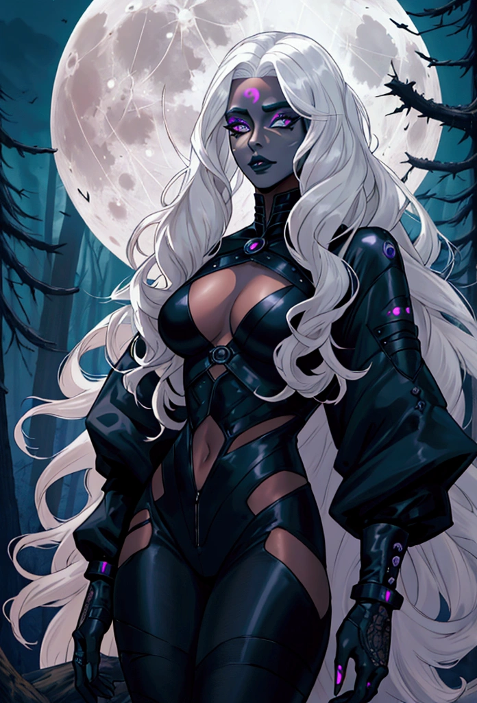 Hole body, clothing, Futuristic drag queen clothing ideas, futuristic goth, tan lattin skin, ultra detailed, poisonous, long curly white hair, future goth, future targaryen, forest, night, full moon