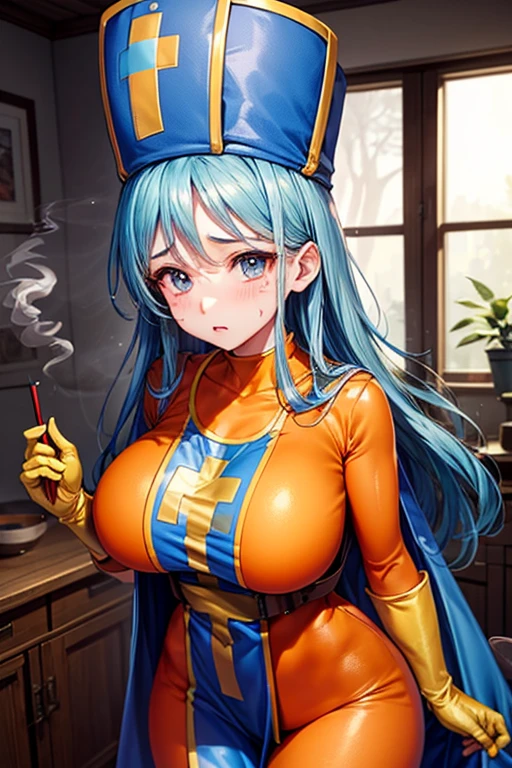 masterpiece, Highest quality,  Unreal Engine,  Super Resolution,  Very detailed, 

Beautiful woman, Dragon Quest Female Monk, long sky blue hair, Blue priest hat, (Orange bodysuit), Mitra, Tabard, Elbow-length gloves, Vivid expression, Healthy Body, Beautifully detailed sweat glands, Smooth skin texture, Carefully drawn, 

(humidity:1.5), (Lewd Scent:1.5), Beautiful Eyes, (Attractive face:1.2), (Beautiful Skin), Tight waist, (Big Breasts), Round Breasts, (Sticky with sweat), Irresistibly sexy pose, 

In the world of Dragon Quest, ((In a room filled with the smoke of aphrodisiac incense)), 