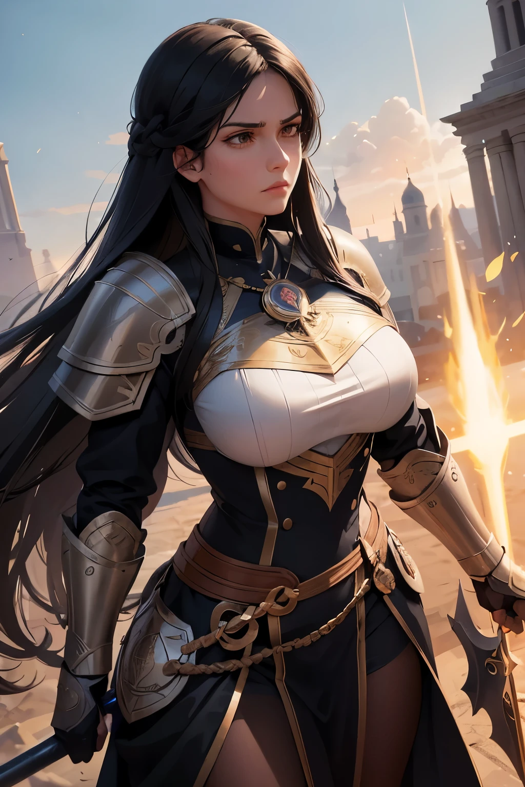 nsfw,Very beautiful woman、Slender women、(Detailed face)、Realistic Skin、((Holy Knight)), ((Platinum Armor))、((((Extremely detailed and intricately decorated armor:1.1))))、((Delicate photo))，(Girl Astepeace RAW Photo Details:1.25), (Highest quality:1.6), (Ultra-high resolution:1.5), (Realistic:1.75), 8K resolution, Canon EOS R5, 50mm, Absurd, Very detailed,Cinema Lighting,((Fightfield))、((Fight))、(((White Embellished Micro Skirt)))、Thigh-high socks、Shingard、((Black Hair))、((Wavy long hair,))、Cape、Beautiful Armor、(((Has a huge weapon)))、(In combat)、The wind is blowing、((Symmetrical armor))、((((Blizzard))))、(((Lead a large group of knights:1.2)))、banner、(((Battle Scenes)))、((Browsing Caution:1.2))、((Her gold lace high leg micro panties are visible:1.5)))、((Skirt lift fluttering in the wind:1.4))