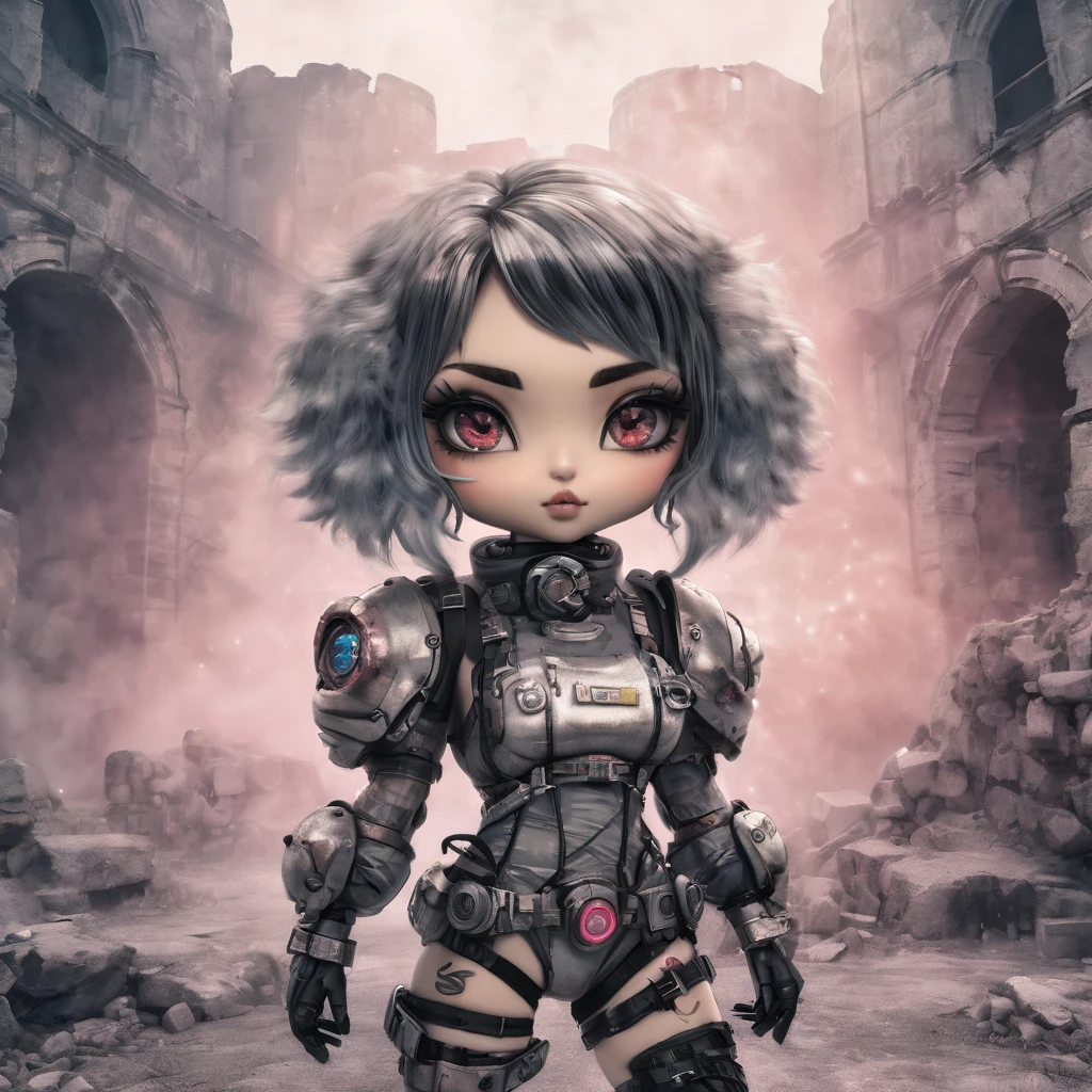 chibi, conceptual installation pop art, seamless image fusion, cute woman, amorous and lewd face, make-up, wearing cute fluffy battle suits, choker, covered in tattoos, great proportion, background stonepunk ruins, analyzers, labs, shading effects, gradation magic effects, foggy filter effects, glitter effects, 2.5D, delicate and dynamic, graphic CG digital art