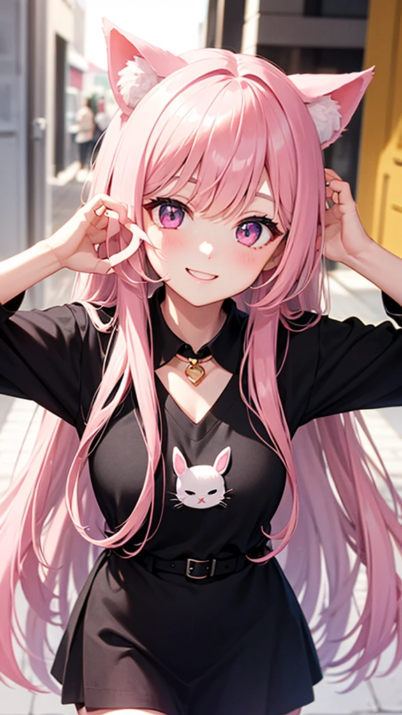 Center of chest,pretty girl,Cat ear,Bunny ears、Beautiful silver hair,Pink inside,Beautiful pink eyes,Black Shirt,Black Skirt,smile, Bunny girl