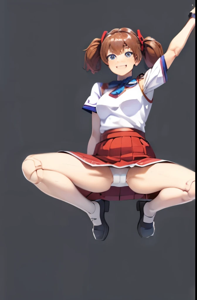 android, beautiful robot, short pigtails, brown hair, Hair tie with two big red clothespins, big smile, brown hair, middle age, joint seam, blue eyes, full body figure, Height: 160cm, Light beige micro mini dress, fluttering skirt, skirt folds, white retro swimwear, Uplifting, 2020s anime style, 21thcentury japan animation, show White pantie