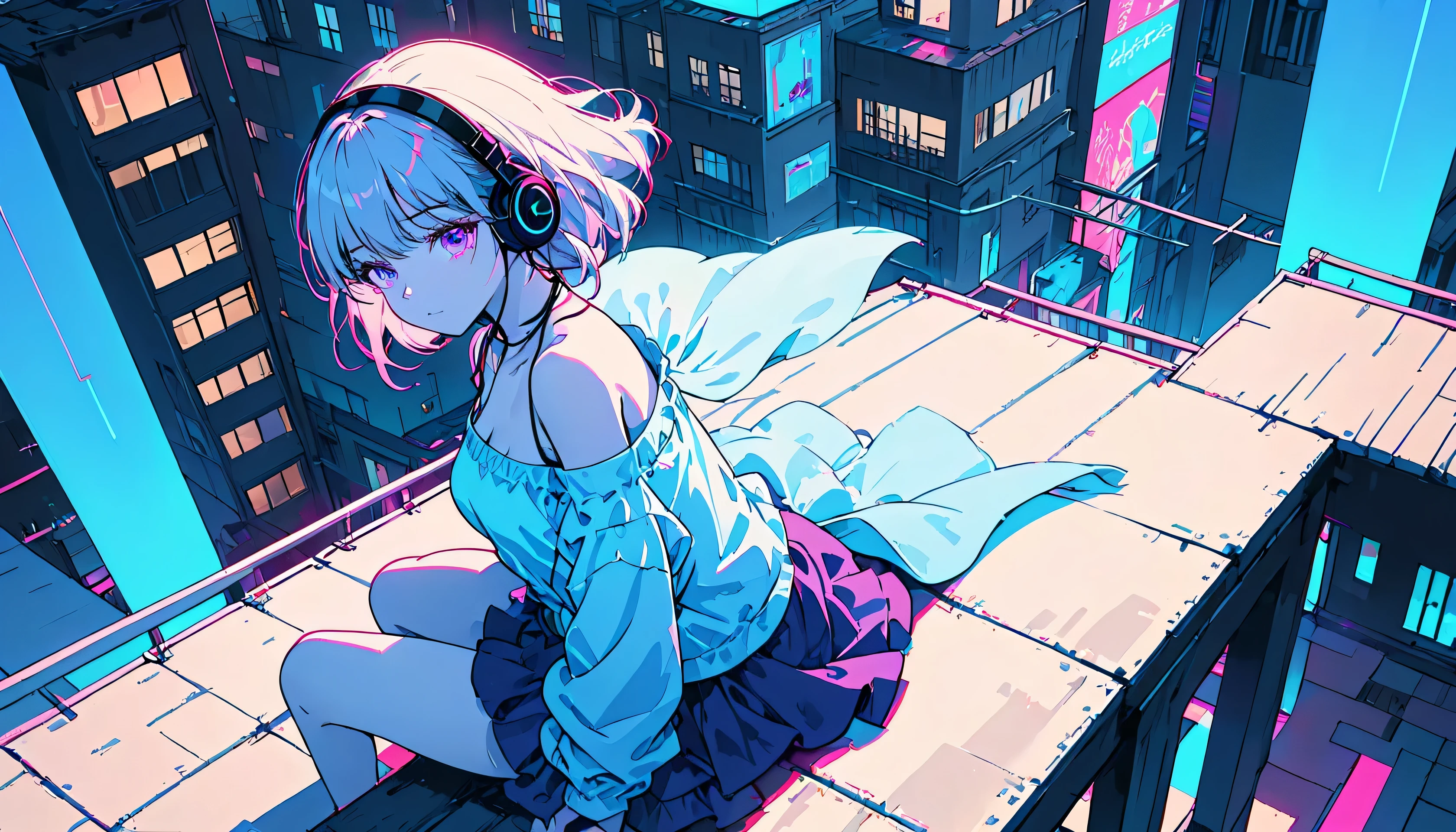 masterpiece,Highest quality,1 Synthwave style girl,Blue outline,Neon lit street,Blue fluorescent paint,alone,From above,Cowboy Shot,Sitting on the roof of a building,Highly detailed CG,Flat Color,Limited edition palette,No Line Art,silhouette,Partially colored,Alternative color,Dynamic Angle,Blue long top champagne,Deep purple shadow,Synthwave,chromatic aberration,(alone focus),Perfect Shadow,Wearing an off-the-shoulder floating jacket,Delicate face,Bare shoulders,Beautiful and delicate eyes,Delicate background,Blue Neon Light,(Headphones)