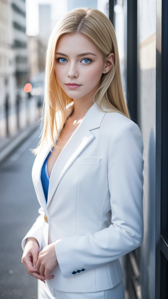 European girl portrait,alone,20-year-old,Beautiful Face,Upper Body,Hair on one eye,Medium Sidecut, Blonde, Sharp focus,White business suit、Blue Eyes