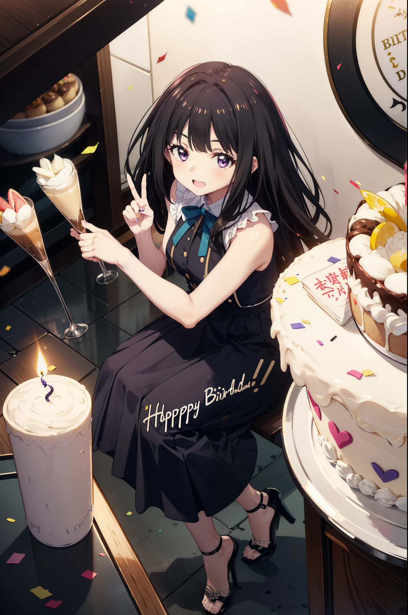 Takiuchikami, Long Hair, bangs, Black Hair, (Purple eyes:1.2),
smile,blush,Please open your mouth wide,Blue sleeveless dress,Long skirt,Stiletto heels,Birthday cake with lit candles,
,There is a round birthday cake on the desk..,Confetti,cracker,whole bodyがイラストに入るように,peace sign,
break indoors,  venue,
break looking at viewer, whole body,
break (masterpiece:1.2), Highest quality, High resolution, unity 8k wallpaper, (shape:0.8), (Beautiful attention to detail:1.6), Highly detailed face, Perfect lighting, Extremely detailed CG, (Perfect hands, Perfect Anatomy),