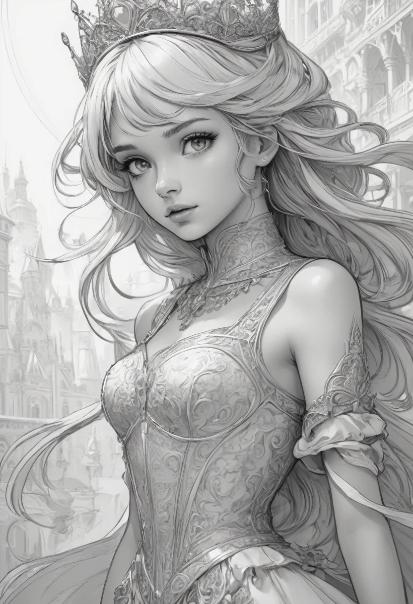 Anime Line Art, View from the front,By Lois Van Baarle, Highest quality, masterpiece, clear,Amazing,princess,so beautiful, Beauty,Perfect composition, Intricate details, Very detailed