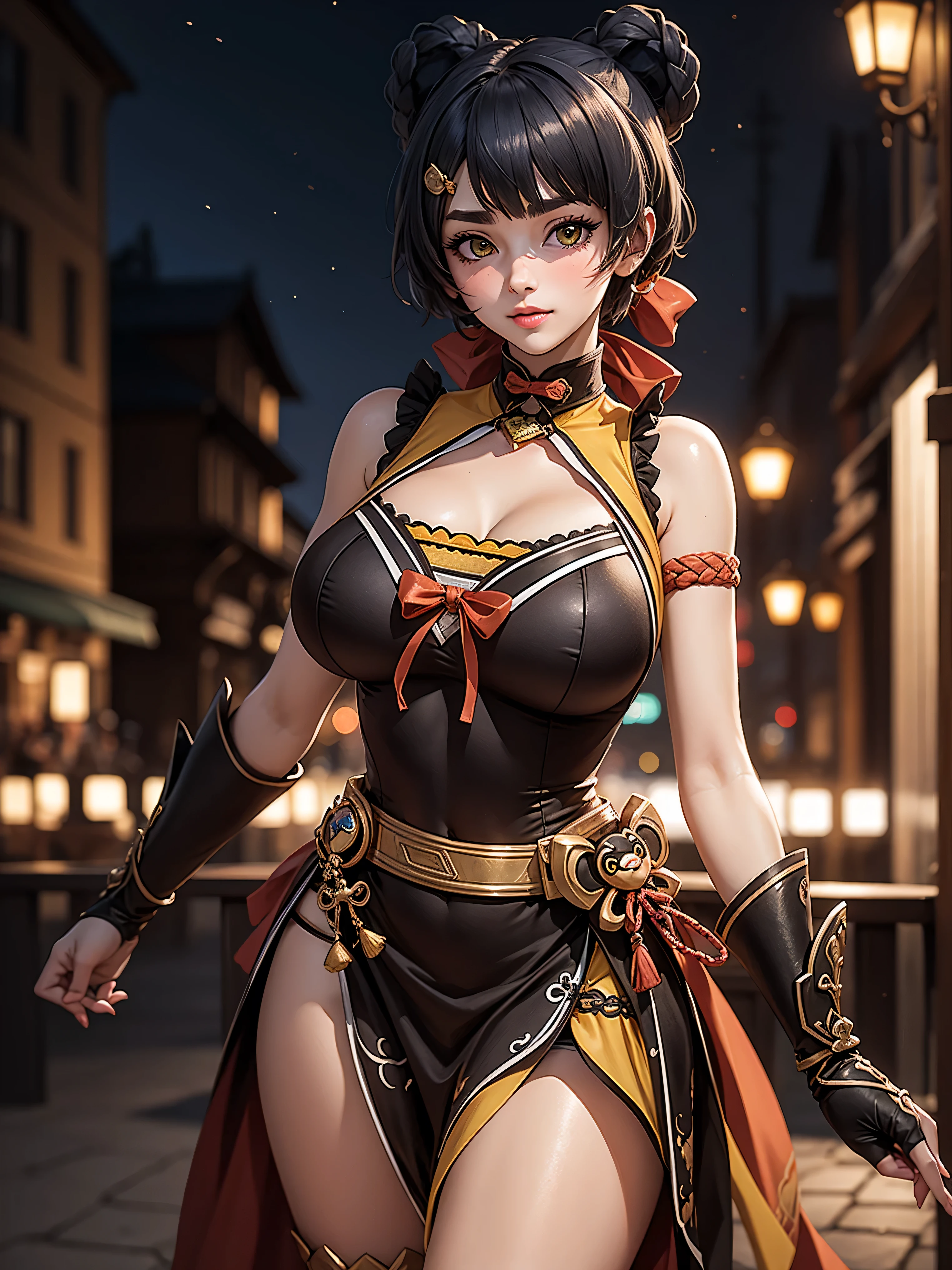 Masterpiece, high quality, blurry background, hd, 4k, night,xianglingdef, (gigantic breasts), outdoors, standing, blush, looking at viewer, dynamic poses, 
