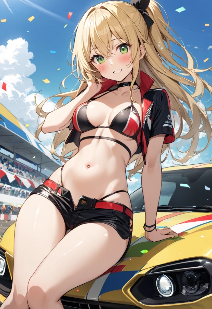 1 girl、solo、Long Hair、chest、Staring at the audience、blush、smile、Blonde Hair、大きなchest、belly button、chestの谷間、Sitting、Close your mouth、Green Eyes、Swimwear、Short sleeve、bikini、Thighs、Outdoor、Open clothes、null、Glasses、Shorts、choker、noon、cloud、stomach、青null、Shorts、Underbust、（黒眼帯bikini）、High leg、黒choker、黒Shorts、Hair Intake、地上car両、自動car、car、Open Fly、Confetti、High legbikini、Micro Shorts、Race Queen